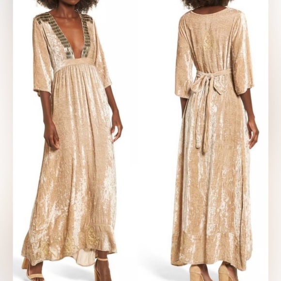 RAGA Crushed Velvet Maxi Dress Size L Champagne Gold Bohemian Gypsy Embellished - Picture 3 of 7